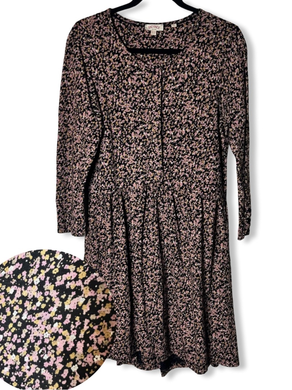 90s Y2K Fatface Ditsy Floral Long Sleeve Babydoll Dress Pockets Sz 8 Black Pink
